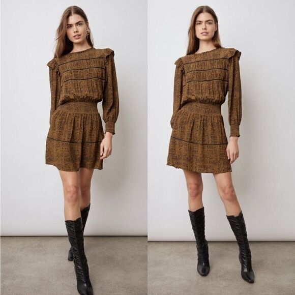 NWT Rails Faren Long Sleeve Ruffle Mini Dress In Sepia Python Size Medium - Picture 2 of 7